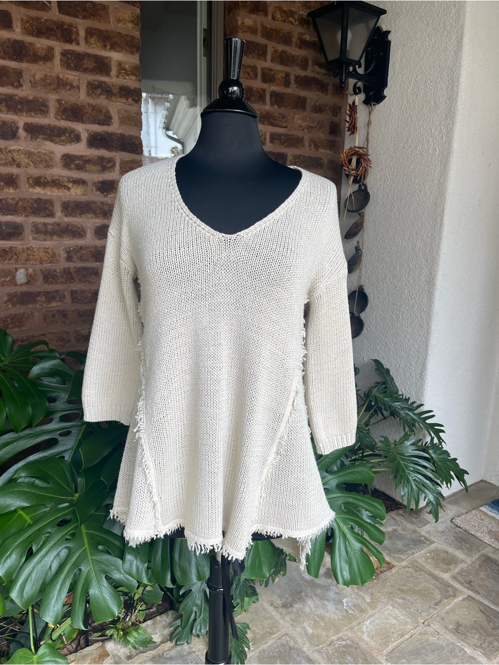 Fringe-Trim Cream V-Neck Knit Sweater